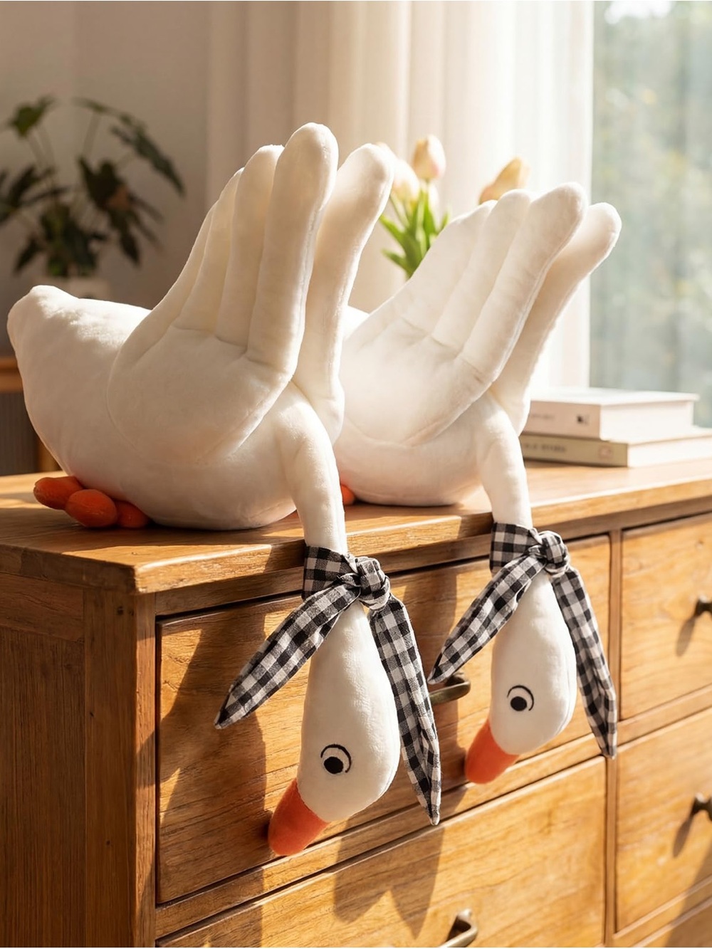 Plush White silly Goose going over the edge